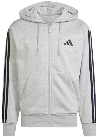 Adidas Uomo Felpa con Cappuccio Essentials a 3 Strisce con Cerniera in Pile, Grigio Medio/Nero, L