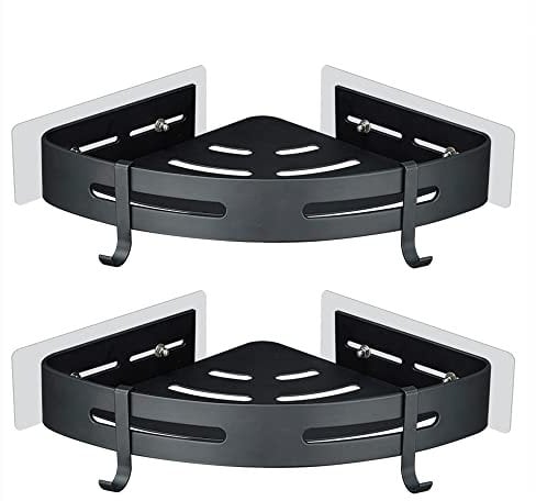 GERUIKE Corner Shower Shelf Bathroom Shelves Black Shower Caddy Basket No Drilling Adhesive Wall Mounted Aluminium Matt 2 Pack Shower Storage Bathroom Tidy Organiser Shower Gel and Shampoo Holder