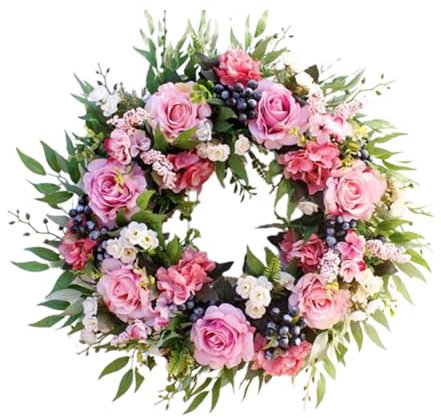 Peony Spring Wreaths for Front Door Outside Artificial Pink Rose, Blue Berry, Green Leaves, Spring Summer Wreaths Full Handmade for Farmhouse Wall Window Decor, 40cm