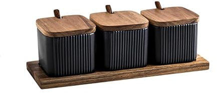 soulnioi Ceramic Combination Seasoning Jar in 3,Square Seasoning Jar With Spoon,Ceramic Spice Jar With Wood Lid Salt Container Sugar Bowl Dark