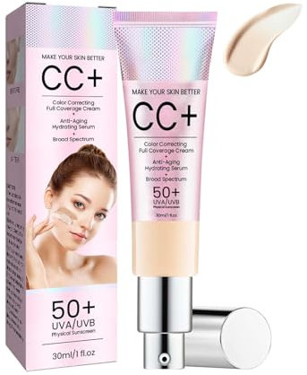 CC Cream Color Correcting, 2025 Neuestes Moisturising BB Cream mit UVA/UVB 50+, Full Coverage CC Creme Foundation Feuchtigkeitsspendend, Sunscreen Concealer Wasserfest & Langlebig (Light Ivory, 30ml)