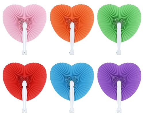 Bekecidi 6PCS Paper Fans, Heart Shaped Paper Fans Folding Hand Fan Handheld Wedding Fans White Paper Fans Chinese Hand Fans for DIY Summer Wedding Birthday Party Favour Fillers, 6 Colors