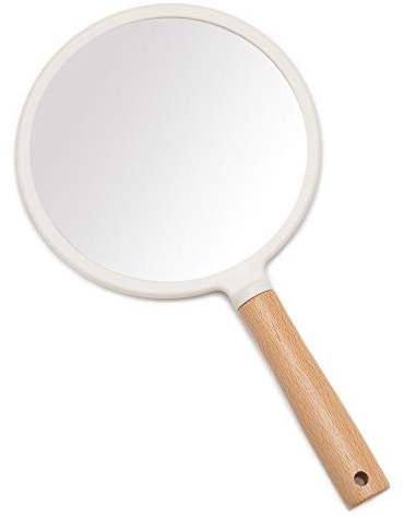 YEAKE Hand Held Mirror with Handle for Makeup,Small Cute Wood Hand Mirror for Shaving with Hole Hanging Single-Sided Portable Travel Vanity Mirror for Men&Women(Round)