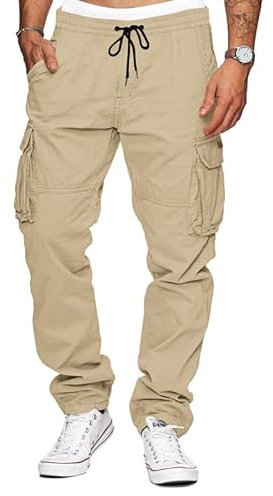 TARAINYA Pantalon Cargo Homme Coton Baggy Chino Cordon de Serrage avec Poches Kaki Clair XL