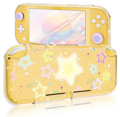 DLseego Case Compatible with Switch Lite,Transparent Glitter Soft Silicone Case Shockproof Cover Anti Scratch Protector Shell with 2 PCS Switch Thumb Grip Caps,Colorful Stars