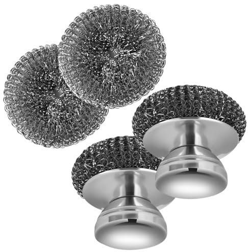 2Pack Stainless Steel Scrubber with 2 Replacement Wire Pads, Steel Wool Scrubber with Stainless Steel Handle, for Cleaning Dishes, Cast Iron, Stock Pots, Pans, Griddles, Grills
