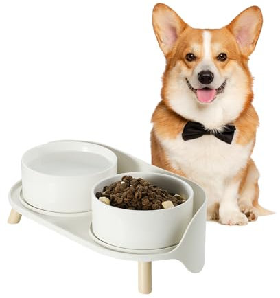 Gamelles pour Chiens Surélevée en Ceramique - Set de Gamelle Double avec Support Anti Éclaboussures - Convient aux Chiens de Petite et Moyenne Taille - Série Colorée - 2 x 800 ML - Blanc