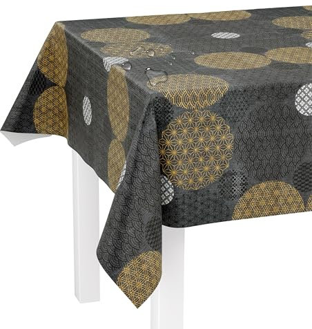 LILENO HOME Tischdecke abwaschbar als Meterware 200x140cm (Schnittkante) in Grafikkreise anthrazit Motiv - Wachstuchtischdecke wasserabweisend ideal als Tischtuch o. Tischläufer für Bierzeltgarnitur