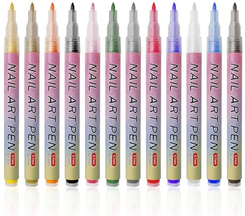 MeoZynxadril 12 Farben 3D Nagelkunststift Set, Nagelspitze Nail Art Pen, Graffiti Punktierungsstift, Pinsel für DIY Nagelkunst, Zeichnen, Malen, Schönheit, Schmuck, Maniküre Werkzeuge