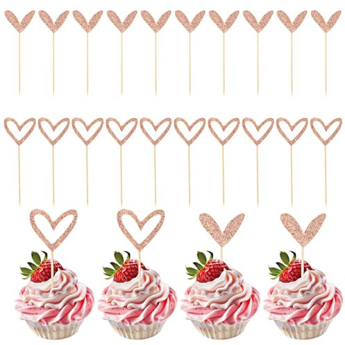 24 Stück Cupcake Deko Roségold Glitter Herz Cupcake Topper Tortendeko Nettes Design Herzen Muffin Deko für Roségold Hochzeit Braut Jubiläum Geburtstag Party Dekorationen Lieferungen