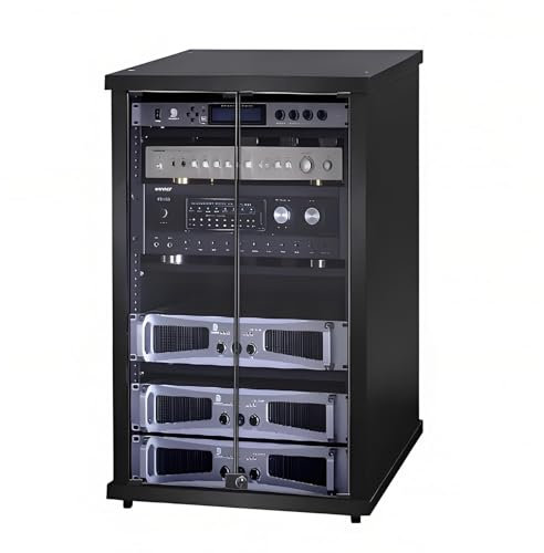YQMHEZ Audio-Rack, Ständer, Media-Player-Ständer, verstellbar, bodenstehender Multifunktions-Regalschrank, mit Glastüren for Zuhause/Büro/Audio-Video/DJ/Theater(Nero,22x21.6x39.3)