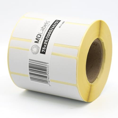 MD Labels Weiße Thermo etiketten auf Rolle 75x25mm - 1000 Stück- permanent haftend, für Barcode, weiße Klebeetiketten zur Beschriftung Thermische etiketten