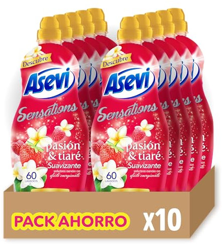 Asevi Suavizante para Ropa Sensations Pasión & Tiaré - Suavizante Concentrado para Lavadora con Fragancia Energizante - Esencias Naturales - Suavidad Duradera para Todo Tipo de Tejidos - 10x60 Lavados