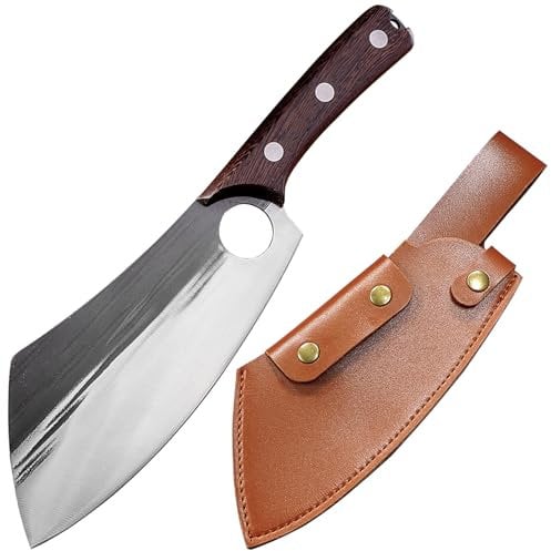 Huuskjpn Japanese Chef's Knife 7.5 Kitchen Knives Handmade Forged Finger Hole Chopping Knife Full Tang High Carbon Steel Home and Outdoor Cooking Knife with Sheath and Ergonomic Wooden Handle