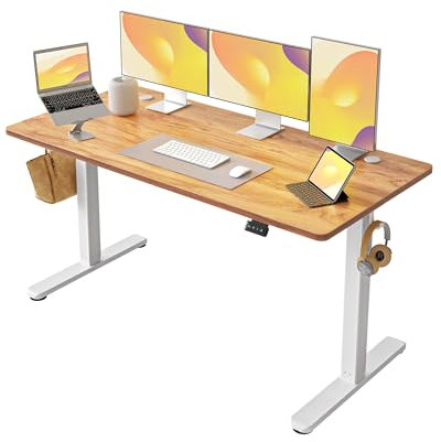 FEZIBO Electric Height Adjustable Standing Desk, 60x150cm Ergonomic Home Office Table with Splice Board & Light Brown Wood Grain Surface, Upgraded Stable Steel Frame for Sit-Stand Workstation