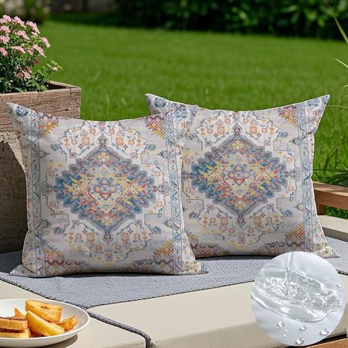 Vorysum Boho Outdoor Kissen Wetterfest 50x50 cm Dekokissen Sommer Kissenbezüge Vintage Kissenhülle Beige Sofakissen für Wohnzimmer Schlafzimmer Garten Dekorative 2er Set