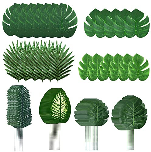 DASIAUTOEM 100 Feuilles de Palmier Artificielles, Plante Tropicale 8 Types avec tiges Decoration Jungle, Feuille Palmier pour Thèmes de Jungle,Fêtes Hawaïennes,Anniversaires,Mariage Décor de Table