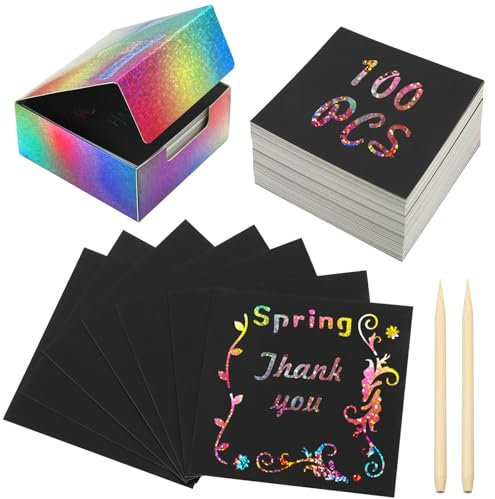 KSIWRE 100 Stück Magic Rainbow Glitter Scratch Art Notes, cooles Kratzpapier für Teenager, 8,4 x 8,4 cm, blanko Kratzkunst-Set für Bastelarbeiten, mit 2 Malvorlagen und 2 Kratzstiften
