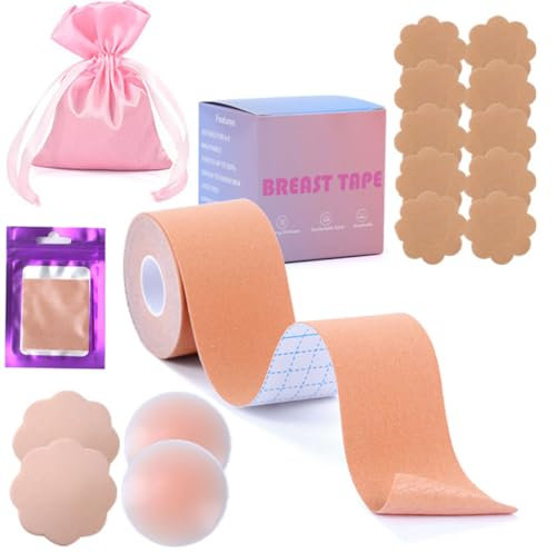 Nastro Adesivo per Seno Push Up - Boob Tape con 1 Nastro Adesivo, 5 Petali in Raso, 4 Copricapezzoli in Silicone Invisibile, Adatto per Taglie A-G, Senza Spalline, Resistente ad Acqua e Sudore