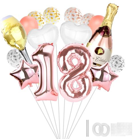 Palloncini 18 Anni Compleanno, 21 Pezzi Set Decorazioni Compleanno 18 Ragazza, Oro Rosa Palloncino Numero 18 Gonfiabile in Foil, Palloncini Coriandoli