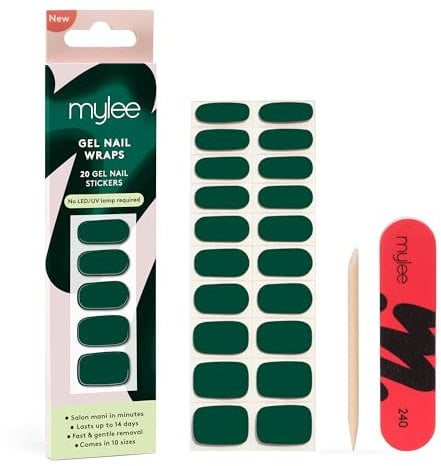 Mylee Gel Nail Wraps [Green Velvet] – 10 Pre-Cured Gel Stickers for Instant Mani – No Lamp Needed, Chip-Resistant, Glossy Finish, Lasts Up to 14 Days – Easy to Apply, Vegan & Cruelty-Free