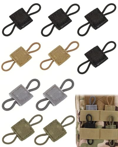 KEMUZ 10 Stück Molle System Zubehör für Taktische Rucksäcke & Westen, 4x Oliv + 2x Schwarz + 2x Khaki + 2x Grau, Robustes Nylon Gurtband mit Schnalle, Outdoor Camping Zubehör