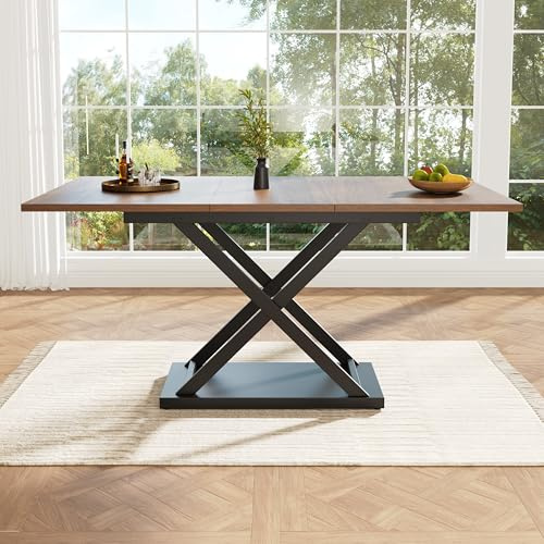 Kebnor mesa de comedor telescópica, extensible, que ahorra espacio, patas de hierro cruzadas negras, para cocina y salón, color nogal (120-160 x 80 cm)
