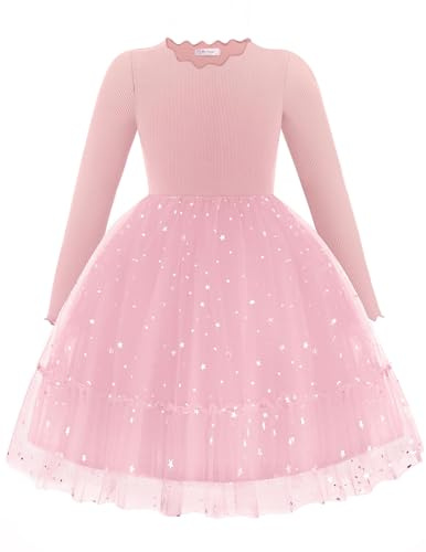 Arshiner Mädchen Kleider Tüll Glitzer Langarmkleid Kinder Faltenkragen A-Linie Partykleid Festliche Herbst Winter Freizeitkleid für Mädchen 3-4 Jahre Rosa