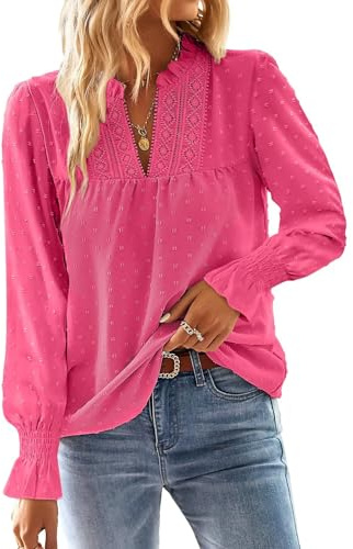 TUUHAW Tops for Women UK Elegant V Neck Autumn Flowy Ruffled Lace Blouse | Trendy Flowy Autumn Blouse, Ruffled Long Sleeves, Dressy Casual Bohemian Tunic, Swiss Dot Lace Edges, Casual Chiffon Style