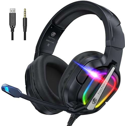 Fachixy FC200 Cascos Gaming para PS5, PS4, PC, Xbox One, Switch, Auriculares Gaming Cancelación de Ruido, Cascos con Microfono Estéreo Sonido, Cascos para PS5 con 3.5mm Jack con Luz RGB (PIEDRA Negra)