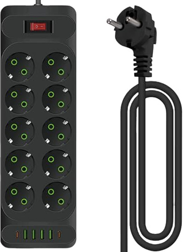 10 Fach Flachstecker Steckdosenleiste, USB Steckdosenleiste mit Überspannungsschutz mit 10 AC Flacher Stecker, 4 USB Ladegerät und 2 Typ-C Anschlüsse Steckerleiste Mehrfachsteckdose (Schwarz)