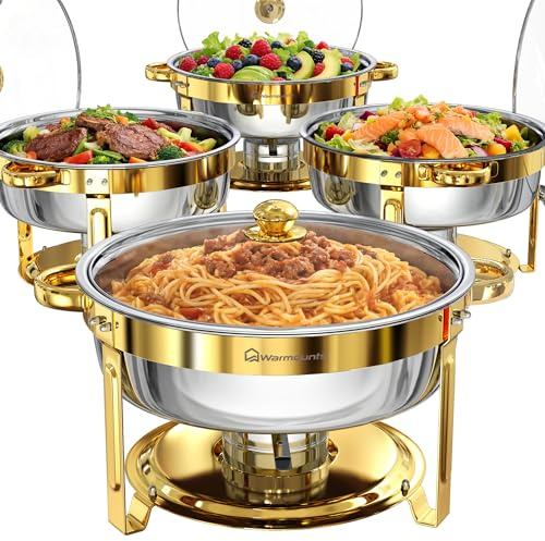 WARMOUNTS 6L Gold Chafing Dish Buffet Set 4 Pack, Round Stainless Steel Food Warmers with Glass Lid & Lid Holder, Stackable Catering Chafers Serving Dishes for Banquets, Parties & Weddings