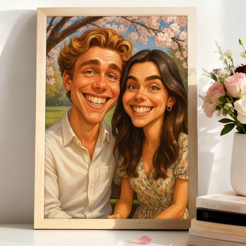 VEELU Personalisierter Cartoon Figur vom Foto Bilderrahmen, Personalisiertes Poster Wandbilder Portrait im Holzrahmen – Foto Comic Stil Geschenke für Paare, Familie & Freunde (Übertriebener Stil)