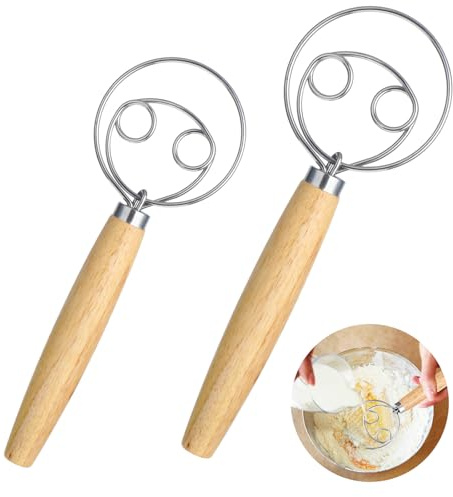 Elegaperma 2 Stück Teigrührer mit Holzgriff in 2 Größen,Danish Dough Whisk | Dänischer Schneebesen, Teigkneter Hand für Kuchen, Brot, Gebäck oder Pizzateig, Brotteig Schneebesen