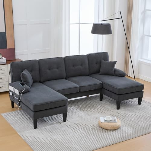 Coolywood Großes U-förmiges 4-Sitzer Sofa aus weichem Leinenstoff,Moderne Rückenlehne,mit Zwei Chaise-Lounges,elegant für jedes Wohnzimmer. (schwarz)