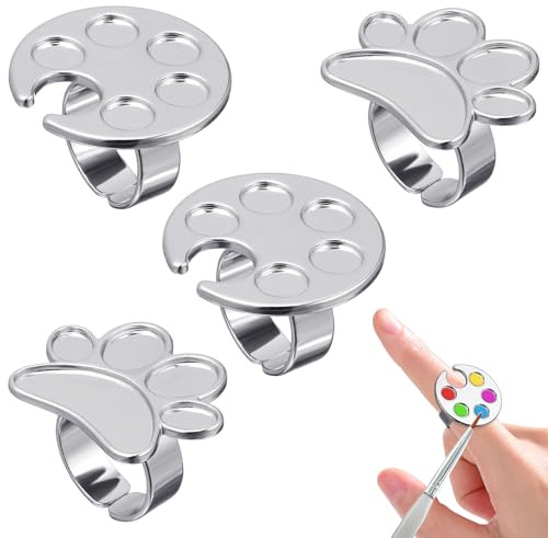 OFFIGAM 4pcs Stainless Steel Finger Ring Palettes for Nail Art Manicure Tool with Unique Design Holding Pigments and Displaying Finished Nail Art Works at Home Use