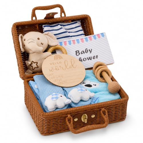 Vehoukli Windeltorte Baby Geschenkset Neutral - 9-teiliges Neugeborenen Set mit Blauer Elefantenglocke - Geburtsgeschenk in Bambus Box für Jungen & Mädchen, Babyparty & Taufe