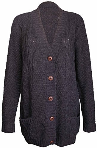 Purple Hanger New Womens Everyday Long Sleeve Button Top Ladies Chunky Aran Cable Knit Grandad Cardigan (20 XXL, Black)