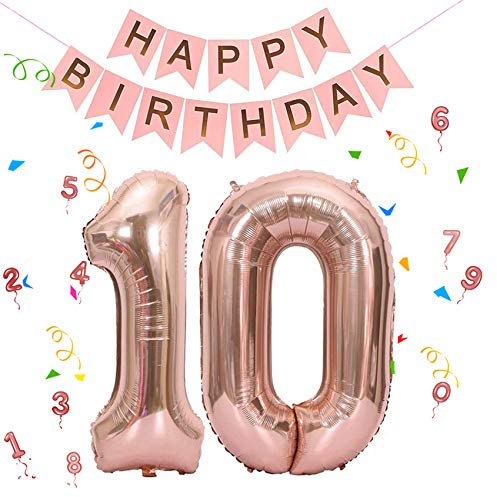 Foil Palloncini Numeri 10 Rosa Oro, Palloncini Compleanno Decorazioni Bambina con Compleanno Banner, 100CM Giganti Palloncini Numeri 0 1 2 3 4 5 6 7 8 9 10, Decorazioni Festa Compleanno