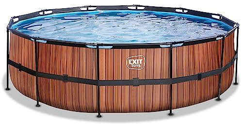 EXIT TOYS Piscine Wood - ø488x122cm - Grande Piscine Ronde à Cadre avec Pompe à Filtre à Sable - Piscine Extra Profonde - Cadre Solide - Échelle de Piscine Incluse - Design Unique - Marron