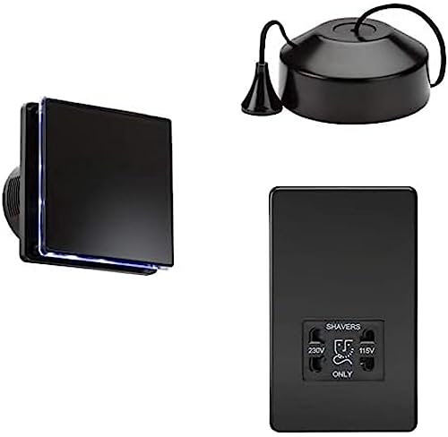 Knightsbridge 100mm Bathroom Extractor Fan with Timer with Matt Black Bathroom Ceiling Pull Cord Light Switch Pull Cord 10A and Screwless Dual Voltage Shaver Socket Bundle