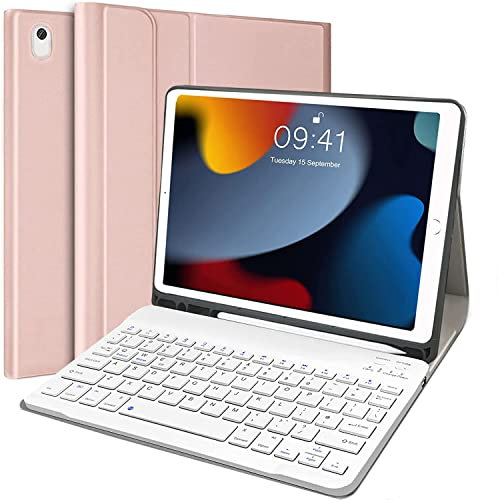 Keyboard Case for iPad 10.2 9th Generation 2021 /8th Gen 2020 /7th Gen 2019 /Air 3rd 2019 /iPad Pro 10.5 2017 - Slim Protective Case with Pencil Holder Wireless Detachable Keyboard -Rose gold