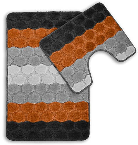 La Maison Bathroom Rug Set 2 Piece Hex Stripe Ombre Non Slip Bath Mat and Pedestal Mat Set Quick Dry Shower Bath Super Soft Toilet Mat Set (Orange)