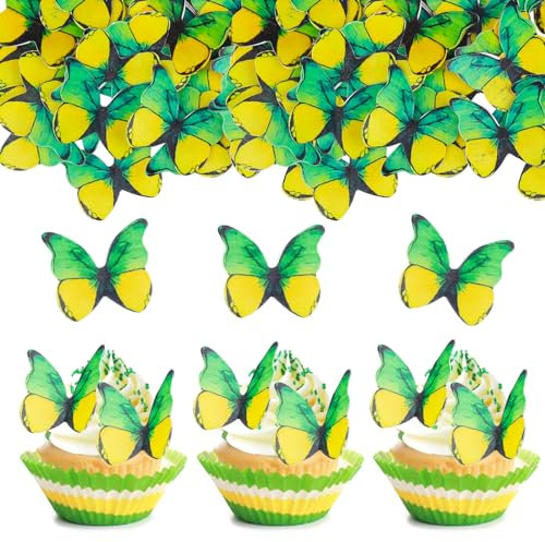 ENLACE Schmetterlinge Tortendeko Essbare Schmetterlinge Deko Torte,48 Stück Esspapier Schmetterlinge Cupcake Topper,Grüner Schmetterling Kuchen Dekoration,Essbare Tortendeko für Hochzeit,Geburtstag