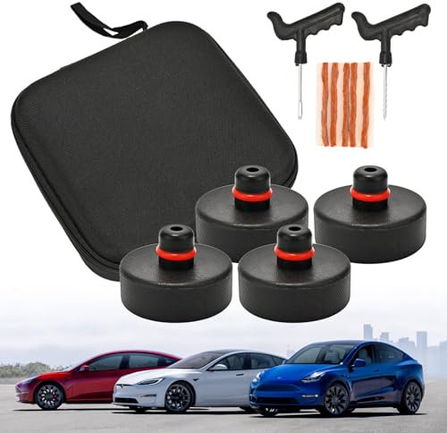 DEDC Wagenheber-Pads für Tesla Model 3/Y/S/X, rutschfeste Gummi-Pucks, passend für Tesla-Wagenheberpunkte, entlang von Reifenreparaturwerkzeugen mit Aufbewahrungsbox, Premium-Zubehör für