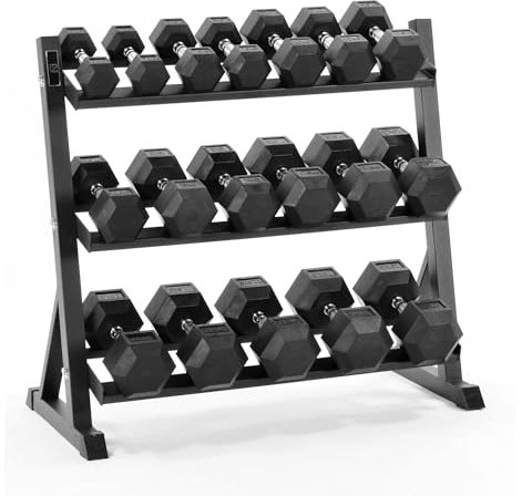 Equipped Gym - Weights Dumbbells Set With Horizontal 3 Tier Rack Stand. 5kg-25kg Pairs Cast Iron Gym Weights. Gym Equipment For Home And Commercial Use For Both Men And Women