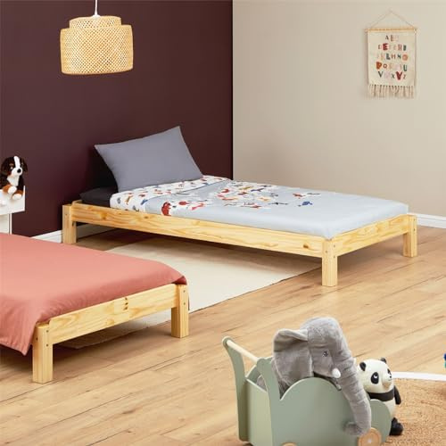 IDIMEX Stapelbett RINO 90x190 cm 2er Set in Natur aus Kiefer Massivholz, Kinderbett mit Gästebett aus massivem Holz, platzsparendes Stapelliege Massivholzbett
