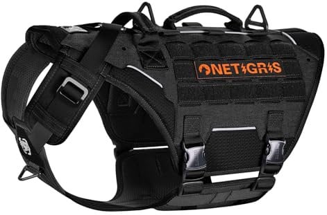 OneTigris Hundegeschirr, Torpedo Taktisches Geschirr mit 4 Metallschnallen 3 Metall-D-Ringen 2 Griffe und Reflexstreifen No-Pull Einstellbar Sicherheitsgeschirr für Große/Mittlere Hunde - Schwarz L