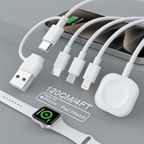 4 in 2 Apple Watch & iPhone Charger Cable - Multi Charging for Watch/iPhone/AirPods, Series 8-1 Travel Charger for USB C/Lightning/Micro Port (4FT)