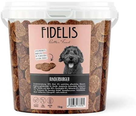 Fidelis - Rinderburger für Hunde im wiederverschließbarem 1kg-Eimer - Luftgetrocknete Hunde Leckerlis aus 100% natürlichen Rohstoffen